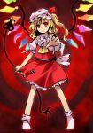  1girl ascot blonde_hair closed_mouth collared_shirt commentary_request embodiment_of_scarlet_devil flandre_scarlet frilled_shirt_collar frilled_sleeves frills full_body hat hat_ribbon highres kaigen_1025 laevatein_(touhou) looking_at_viewer medium_hair mob_cap no_shoes one_side_up petticoat puffy_short_sleeves puffy_sleeves red_background red_eyes red_ribbon red_vest ribbon shirt short_sleeves smile socks solo touhou vest white_headwear white_shirt white_socks wings yellow_ascot 