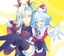  1boy 1girl ahoge alternate_costume animal_ears bag blue_eyes blue_hair carrying carrying_person closed_mouth deer_ears furina_(genshin_impact) genshin_impact gloves hair_between_eyes hat heterochromia highres li_nauu light_blue_hair light_blush long_hair looking_at_viewer multicolored_hair neuvillette_(genshin_impact) open_mouth santa_hat short_hair sidelocks smile streaked_hair teeth two-tone_hair upper_teeth_only violet_eyes white_gloves white_hair 