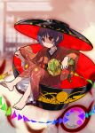  1girl barefoot closed_mouth commentary_request flat_chest highres holding holding_mallet japanese_clothes kaigen_1025 kimono male_focus mallet miracle_mallet obi red_eyes red_kimono sash short_hair sitting solo sukuna_shinmyoumaru tassel touhou wide_sleeves 