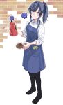  1girl apron black_footwear black_pants blue_apron blue_hair blush brick coffee commentary_request cup full_body grey_eyes highres holding holding_coffee_pot holding_cup kyouno long_sleeves looking_at_viewer nijisanji pants ponto_nei ponytail shirt sidelocks simple_background sleeves_rolled_up smile solo standing virtual_youtuber white_background white_shirt 