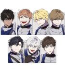  6+boys armor black_gloves black_hair blonde_hair blue_eyes brown_eyes brown_hair character_request closed_mouth commentary_request gkswna33 gloves green_eyes grey_hair highres korean_commentary looking_at_viewer male_focus multiple_boys open_mouth short_hair simple_background smile under_the_oak_tree violet_eyes white_background 