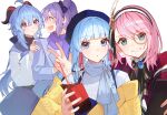  4girls :d ahoge beret black_bow blue_eyes blue_hair blue_headwear bow brooch charlotte_(genshin_impact) commentary_request cup disposable_cup ganyu_(genshin_impact) genshin_impact hair_bow hairband hat highres holding holding_cup horns jacket jewelry kamisato_ayaka keqing_(genshin_impact) long_hair looking_at_viewer multiple_girls off_shoulder open_mouth pink_hair purple_scarf scarf shotgunman smile upper_body very_long_hair violet_eyes yellow_jacket 