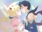  2girls bishoujo_senshi_sailor_moon black_gloves black_hair blonde_hair blue_eyes blush closed_mouth earrings gloves holding_hands imminent_kiss jewelry long_hair multiple_girls rainbow_background roarke_(lavenderincubus) sailor_moon sailor_star_fighter yuri 