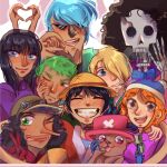  2girls 6+boys blonde_hair blue_eyes blue_hair brook_(one_piece) deer_boy franky_(one_piece) green_hair grin highres kaceyahsey monkey_d._luffy multiple_boys multiple_girls nami_(one_piece) nico_robin one_piece orange_hair roronoa_zoro sanji_(one_piece) scar self-upload skeleton smile tony_tony_chopper usopp 