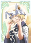  1girl animal_ears blonde_hair blue_tabard dress fox_ears fox_girl fox_tail glasses looking_at_viewer multiple_tails short_sleeves smile solo soretsu_nitohei tabard tail touhou white_dress white_headwear yakumo_ran yellow_eyes 