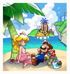  absurdres arms_behind_head barefoot beach bird blonde_hair blue_eyes blue_overalls bowser bowser_jr. brown_footwear brown_hair closed_eyes clouds cloudy_sky crown earrings f.l.u.d.d. ferris_wheel gold_bracelet highres inflatable_raft jewelry leaf lipstick loveycloud lying makeup mario on_back on_ground overalls palm_tree pink_lips ponytail princess_peach red_footwear red_nails red_shirt ring roller_coaster shirt shoes sitting sky sleeping smile super_mario_bros. super_mario_sunshine tree unworn_shoes 