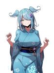  1girl aqua_nails batta_16-sei blue_eyes blue_hair blue_kimono cowboy_shot elira_pendora floral_print hair_over_one_eye head_wings highres japanese_clothes kimono looking_at_viewer medium_hair nijisanji nijisanji_en signature simple_background smile solo virtual_youtuber white_background wings 