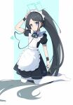  1girl absurdres apron aris_(blue_archive) aris_(maid)_(blue_archive) arm_up black_dress black_hair black_wristband blue_archive blue_eyes closed_mouth dress e_li_(77864296) green_halo halo heart highres kneeling long_hair looking_at_viewer maid_apron maid_headdress no_shoes official_alternate_costume pantyhose ponytail puffy_short_sleeves puffy_sleeves short_sleeves solo white_apron white_pantyhose 