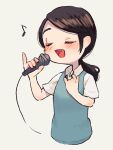  1girl blue_sweater_vest blush collared_shirt cropped_torso facing_ahead grey_background holding holding_microphone itsushima_chisato long_hair microphone music musical_note open_mouth pinky_out ponytail shifumame shirt short_sleeves singing solo sweater_vest twilight_syndrome white_shirt 