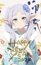  1girl 2024 absurdres alternate_costume blue_kimono camui1104 dangle_earrings drop_earrings earrings elf flower fur_scarf green_eyes grey_hair hair_flower hair_ornament happy_new_year highres japanese_clothes jewelry kimono long_hair looking_at_viewer pointy_ears print_kimono solo sousou_no_frieren twintails 