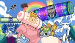  1girl 1other 2boys bear black_eyes black_hair blonde_hair blue_suit blush cape clouds cow crown dress facial_hair flower frills gloves grasslands highres katamari_damacy king_of_all_cosmos loveycloud multiple_boys mustache one_eye_closed open_mouth outline pants pink_dress pointing pointing_at_viewer purple_hair purple_pants queen_of_all_cosmos rainbow roboking_(katamari_damacy) robot sparkle suit the_prince_(katamari_damacy) white_gloves white_outline white_suit yellow_eyes 