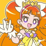  1girl amanogawa_kirara bare_shoulders bright_pupils brown_hair choker cure_twinkle earrings eyelashes gloves go!_princess_precure highres jewelry long_hair looking_at_viewer magical_girl mayena multicolored_hair open_mouth orange_background outstretched_hand precure redhead signature simple_background smile solo star_(symbol) star_earrings streaked_hair tiara twintails two-tone_hair upper_body very_long_hair violet_eyes white_gloves white_pupils 