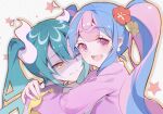  2girls :d absurdres aqua_hair blue_hair cloudyman earrings fairy_miku_(project_voltage) flower ghost_miku_(project_voltage) hair_flower hair_ornament hatsune_miku highres hug jewelry multiple_girls one_eye_closed pink_eyes pink_hair pokemon project_voltage smile twintails vocaloid yellow_eyes 