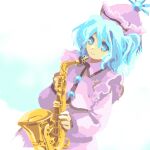 1girl blue_eyes blue_hair buttons closed_mouth collared_shirt commentary_request dutch_angle flat_chest frills hair_between_eyes hat highres holding holding_instrument instrument kaigen_1025 long_sleeves medium_hair merlin_prismriver pink_headwear pink_shirt pink_skirt pink_vest saxophone shirt skirt smile solo touhou vest 