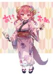  1girl alternate_costume breasts dragon_girl dragon_horns dragon_tail floral_print flower full_body gradient_hair hagoita hair_flower hair_ornament hane_(hanetsuki) highres holding horns ilulu_(maidragon) japanese_clothes kimono kobayashi-san_chi_no_maidragon kolshica large_breasts long_hair looking_at_viewer multicolored_hair new_year obi oppai_loli paddle pink_hair pink_kimono pointy_ears red_eyes redhead sash short_twintails slit_pupils smile socks solo standing tail twintails white_socks wide_sleeves 