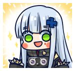  1girl :d black_jacket blunt_bangs blush_stickers chibi chinese_commentary commentary_request cross cross_hair_ornament girls_frontline green_eyes grey_hair hair_ornament hands_up highres hk416_(girls&#039;_frontline) iron_cross jacket long_hair looking_at_viewer official_art simple_background smile solo sparkle spiked_knuckles su_xiao_jei teardrop_facial_mark upper_body very_long_hair yellow_background 