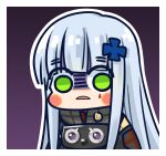  1girl black_jacket blunt_bangs blush_stickers chibi chinese_commentary commentary_request cross cross_hair_ornament frown girls_frontline green_eyes grey_hair hair_ornament highres hk416_(girls&#039;_frontline) iron_cross jacket long_hair looking_at_viewer official_art parted_lips purple_background shaded_face simple_background solo su_xiao_jei teardrop_facial_mark upper_body very_long_hair 