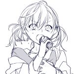  1girl azusawa_kohane blush greyscale hair_between_eyes hands_up holding holding_microphone jacket kuroi_(liar-player) microphone monochrome nose_blush open_clothes open_jacket open_mouth project_sekai shirt simple_background sketch solo sweat twintails twitter_username upper_body v-shaped_eyebrows white_background 
