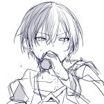  1boy aoyagi_touya collarbone greyscale hair_between_eyes hand_up holding holding_microphone jacket kuroi_(liar-player) male_focus microphone mole mole_under_eye monochrome multicolored_hair open_clothes open_jacket project_sekai shirt simple_background sketch solo sweat twitter_username two-tone_hair upper_body v-shaped_eyebrows white_background 