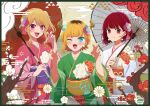  +_+ 3girls arima_kana blonde_hair blue_eyes bob_cut closed_mouth flower green_kimono hair_flower hair_ornament holding holding_umbrella horns hoshino_ruby inverted_bob japanese_clothes kimono long_hair looking_at_viewer memcho multiple_girls official_art one_eye_closed open_mouth oshi_no_ko pink_eyes pink_kimono red_eyes redhead short_hair smile umbrella white_kimono 