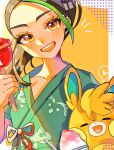  1girl :d black_hair candy_apple dark-skinned_female dark_skin food freckles green_hair green_kimono holding holding_food japanese_clothes kimono long_hair looking_at_viewer nemona_(pokemon) nfvw2evamr86075 open_mouth pawmot pokemon pokemon_(creature) pokemon_sv smile teeth upper_body upper_teeth_only 