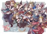  1girl 2024 6+boys arm_around_shoulder bartz_klauser blonde_hair blue_eyes brown_eyes brown_hair cecil_harvey chinese_zodiac closed_mouth cloud_strife commentary_request dissidia_final_fantasy dragon dragon_horns final_fantasy final_fantasy_i final_fantasy_ii final_fantasy_iii final_fantasy_iv final_fantasy_ix final_fantasy_v final_fantasy_vi final_fantasy_vii final_fantasy_viii final_fantasy_x firion green_eyes grey_hair grin hakama hakama_pants high_ponytail holding holding_sword holding_weapon horns japanese_clothes kimono long_hair looking_to_the_side monkey_tail multiple_boys onion_knight open_mouth oshibainoticket pants parted_bangs parted_lips scarf short_hair smile squall_leonhart sword tail terra_branford tidus tunic violet_eyes warrior_of_light_(ff1) weapon white_scarf year_of_the_dragon yellow_eyes zidane_tribal 