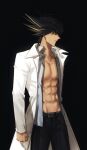  1boy abs belt black_background black_hair black_pants blue_eyes chinese_commentary clenched_hand coat commentary facing_to_the_side grey_shirt highres lab_coat male_focus multicolored_hair muscular muscular_male naoki_(2rzmcaizerails6) official_alternate_costume open_clothes open_coat pants pectorals shirt simple_background solo spiky_hair streaked_hair unbuttoned unbuttoned_shirt upper_body white_coat yu-gi-oh! yu-gi-oh!_5d&#039;s 