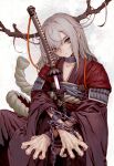  antlers blue_eyes chain closed_mouth collar cuffs gender_request grey_hair highres hotateyuki japanese_clothes long_hair looking_at_viewer original pointy_ears scabbard shackles sheath solo sword weapon 