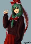  absurdres alternate_costume artist_name bow brown_sweater casual commission equality_taira frilled_bow frilled_ribbon frills front_ponytail green_eyes green_hair hair_ribbon highres kagiyama_hina long_ribbon long_sleeves looking_at_viewer open_mouth puffy_long_sleeves puffy_sleeves red_bow red_ribbon ribbon simple_background skeb_commission smile sweater teeth touhou upper_teeth_only 