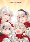  2024 2boys 2girls black_hairband brother_and_sister brown_eyes closed_eyes closed_mouth commentary_request corrin_(female)_(fire_emblem) corrin_(fire_emblem) corrin_(male)_(fire_emblem) corrin_(male)_(new_year)_(fire_emblem) ebi_puri_(ebi-ebi) father_and_daughter fire_emblem fire_emblem_fates fire_emblem_heroes grey_hair hair_between_eyes hair_bun hairband happy_new_year japanese_clothes kana_(female)_(fire_emblem) kana_(female)_(rising_sunlight)_(fire_emblem) kana_(fire_emblem) kana_(male)_(fire_emblem) kana_(male)_(rising_dragon)_(fire_emblem) kimono long_hair looking_at_viewer mother_and_son multiple_boys multiple_girls open_mouth pointy_ears red_eyes short_hair siblings smile teeth upper_body upper_teeth_only 