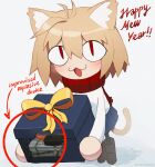  &lt;|&gt;_&lt;|&gt; 1girl absurdres animal_ear_fluff animal_ears arrow_(symbol) artist_name blue_skirt blush bomb boots brown_footwear cat_ears cat_tail chibi circle commentary english_commentary english_text explosive full_body happy_new_year highres looking_at_viewer neco-arc parasoru_buruu pipe_bomb shirt skirt snow solo standing tail tsukihime white_shirt x-ray 