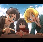  1girl 2boys black_hair blonde_hair blue_eyes blue_jacket blurry blurry_foreground blush book brown_hair cardigan clouds cloudy_sky collared_shirt dress green_eyes grey_eyes grey_jacket hair_between_eyes highres hood hood_down hooded_jacket jacket letterboxed long_hair long_sleeves multiple_boys noinoichebura open_book open_mouth outdoors parted_lips pink_cardigan pointy_ears reading red_scarf scarf shingeki_no_kyojin shirt short_hair sky smile teeth twitter_username upper_body upper_teeth_only white_dress white_shirt 