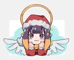  1girl :3 angel_wings bell blue_eyes blunt_bangs blush blush_stickers chibi christmas clenched_hands closed_mouth commentary double-parted_bangs elun_(elun_00) english_commentary grey_background hands_up hat hololive hololive_english low_wings neck_bell ninomae_ina&#039;nis orange_hair outline purple_hair santa_costume santa_hat signature solo sparkle upper_body virtual_youtuber white_background white_outline white_wings wings 