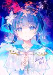 1girl 2023 absurdres blue_background blue_eyes blue_hair blue_sailor_collar blush colorful dot_nose flower hair_flower hair_ornament head_tilt highres irodori_warabi long_bangs long_sleeves looking_at_viewer neck_ribbon original own_hands_together parted_lips raised_eyebrows ribbon sailor_collar shirt short_hair_with_long_locks sidelocks signature sleeve_cuffs solo straight-on thank_you upper_body white_flower white_ribbon white_shirt 