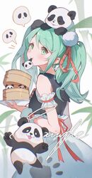  1girl absurdres animal_on_head aqua_eyes aqua_hair armband bamboo cloudyman commentary from_side hair_ornament hatsune_miku highres holding holding_plate long_skirt looking_at_viewer mouth_hold on_head panda plant plate pom_pom_(clothes) pom_pom_hair_ornament sample_watermark skirt solo twintails vocaloid watermark white_skirt wrist_cuffs 