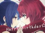  2girls artist_name assault_lily bare_shoulders blue_eyes blue_hair blunt_bangs closed_mouth commentary cross cross_earrings earrings eye_contact face-to-face from_side gradient_background grey_background hair_between_eyes hand_up happy_birthday high_ponytail highres holding_hands hotaru_(ultraroly_poly) ishikawa_aoi jewelry kaede_johan_nouvel light_blush long_hair looking_at_another multiple_girls pink_eyes portrait profile red_scarf redhead scarf shared_clothes shared_scarf shirt side_ponytail sleeveless sleeveless_shirt smile steepled_fingers white_background white_shirt yuri 