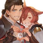  2boys :d adventurer_(ff14) animal_ears beard_stubble black_jacket blue_eyes brown_gloves brown_hair cat_ears commentary facial_mark ffxivys final_fantasy final_fantasy_xiv fingerless_gloves from_side g&#039;raha_tia gloves grin hair_between_eyes hair_ornament hair_pulled_back hand_up happy heads_together heart heart_hands highres hyur jacket looking_at_viewer male_focus miqo&#039;te multiple_boys neck_tattoo portrait red_eyes redhead scar scar_across_eye shirt short_hair simple_background smile swept_bangs symbol-only_commentary tattoo warrior_of_light_(ff14) white_background white_shirt x_hair_ornament 