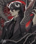  1boy artist_name asagi_1120 black_hair black_necktie black_suit dragon earrings hair_between_eyes hand_up highres horns jewelry long_sleeves mature_male medium_hair necktie old old_man open_mouth original red_eyes saliva standing suit thorns upper_body watermark web_address western_dragon 