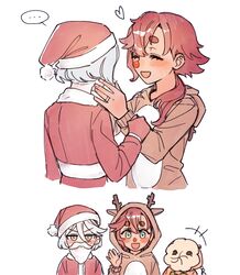  2girls akdrh25 animal_costume blush fake_beard fake_facial_hair grey_eyes gundam gundam_suisei_no_majo hat hots_(gundam_suisei_no_majo) low_ponytail miorine_rembran multiple_girls redhead reindeer_costume santa_costume santa_hat suletta_mercury thick_eyebrows white_hair wife_and_wife yuri 