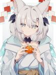  1girl animal_ear_fluff animal_ears ars_almal black_ribbon blue_eyes captain_yue closed_mouth collarbone eyes_visible_through_hair food fruit grey_background hair_intakes hair_over_one_eye hair_ribbon hands_up highres holding holding_food japanese_clothes kimono long_sleeves mandarin_orange nijisanji obi ribbon sash shide simple_background smile solo two-tone_background two_side_up virtual_youtuber white_kimono wide_sleeves 