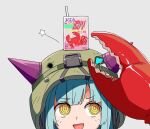  1girl @_@ blunt_bangs bungo_yayoi close-up crab_claw drink drinking_straw fake_horns furby_hmt green_hair green_headwear heaven_burns_red highres horned_headwear horns looking_up milk_carton open_mouth short_hair solo v-shaped_eyebrows white_background yellow_eyes 