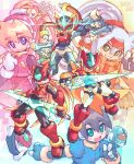  3boys 3girls absurdres aile_(mega_man_zx) armor ashe_(mega_man) blonde_hair blue_eyes blue_hair blush_stickers ciel_(mega_man) cropped_jacket dress dual_wielding energy_sword glowing green_eyes grey_(mega_man) gun helmet high_ponytail highres holding holding_gun holding_sword holding_weapon iikoao light_blue_hair long_hair medium_hair mega_man_(series) mega_man_zero_(series) mega_man_zx mega_man_zx_advent model_a_(mega_man) model_x_(mega_man) model_z_(mega_man) model_zx_(mega_man) multiple_boys multiple_girls robot_ears sword vent_(mega_man) weapon zero_(mega_man) 