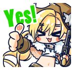  &gt;_&lt; 1girl :3 :d belt blonde_hair blush_stickers brown_gloves chibi chinese_commentary closed_eyes colt_revolver_(girls&#039;_frontline) colt_single_action_army commentary_request cowboy_hat facing_viewer fingerless_gloves fingerprint fur_collar girls_frontline gloves gun hat highres holding holding_gun holding_weapon long_hair navel official_art open_mouth revolver shirt simple_background smile solo su_xiao_jei thumbs_up tied_shirt twintails upper_body weapon white_background white_shirt xd yes 