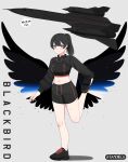  1girl aircraft airplane artist_name atamonica black_footwear black_hair black_shorts black_sweater blue_eyes commentary english_commentary full_body high_ponytail looking_at_viewer medium_hair midriff navel original personification ponytail shoes shorts sneakers solo sportswear sr-71_blackbird standing standing_on_one_leg sweater vehicle_and_personification 