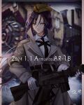  1girl absurdres ar-18 ar-18_(girls&#039;_frontline) black_hair coat dated expressionless garrison_cap girls_frontline gloves grey_coat gun hat highres holding holding_gun holding_weapon long_hair solo upper_body user_thnr3538 weapon weapon_name white_gloves yellow_eyes 