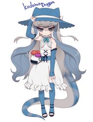  alternate_costume bare_shoulders black_footwear blue_bow blue_bowtie blue_eyes blue_hair blue_headwear blue_sleeves blue_theme blush bow bowtie collar detached_sleeves dress frilled_collar frilled_dress frills hand_on_headwear hat high_heels highres kemono_friends komodo_dragon_(kemono_friends) lizard_tail long_hair looking_at_viewer multicolored_hair notora reptile_girl scales sidelocks smile sun_hat tail toeless_legwear white_dress white_hair 