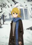 1girl black_jacket blonde_hair blue_scarf blurry blurry_background bow bow_hairband cowboy_shot expressionless grey_eyes grey_shirt hair_bow hairband highres jacket kagamine_rin looking_at_viewer outdoors scarf shirt short_hair snow snowing solo standing tree vocaloid white_bow winter_clothes wounds404 
