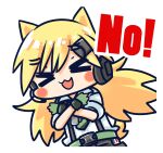  &gt;_&lt; 1girl :d animal_ears belt black_shorts blonde_hair blush_stickers cat_ears cat_tail chibi chinese_commentary commentary_request crossed_arms diagonal-striped_necktie facing_viewer fingerless_gloves girls_frontline gloves green_belt green_gloves green_necktie hair_between_eyes hair_ornament hairclip headset highres idw_(girls&#039;_frontline) long_hair necktie no no_(gesture) official_art open_mouth shirt shorts simple_background sleeves_rolled_up smile snap-fit_buckle solo su_xiao_jei suspender_shorts suspenders tail twintails upper_body white_background white_shirt xd 