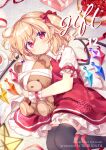  1girl ascot bandages black_thighhighs blonde_hair blush box cake comiket_103 crystal_wings dress flandre_scarlet food frilled_skirt frilled_sleeves frilled_wrist_cuffs frills gift gift_box hair_between_eyes looking_at_viewer lying medium_hair mimi_(mimi_puru) on_side puffy_sleeves red_dress red_eyes red_ribbon ribbon short_sidetail sidelocks skirt strawberry_shortcake stuffed_animal stuffed_toy teddy_bear thigh-highs touhou wrist_cuffs zettai_ryouiki 