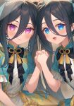  &lt;key&gt;_(blue_archive) 2girls absurdly_long_hair alternate_costume aris_(blue_archive) black_hair blue_archive blue_eyes blush closed_mouth dress frilled_sleeves frills highres kutori_pan&#039;ya long_hair looking_at_viewer multiple_girls open_mouth pink_hair short_sleeves smile very_long_hair white_dress 